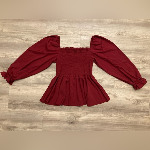 A26 Square Neck Smocked Blouse Flounced Long Sleeve Maroon Puff Sleeve sz Small - Picture 12 of 15
